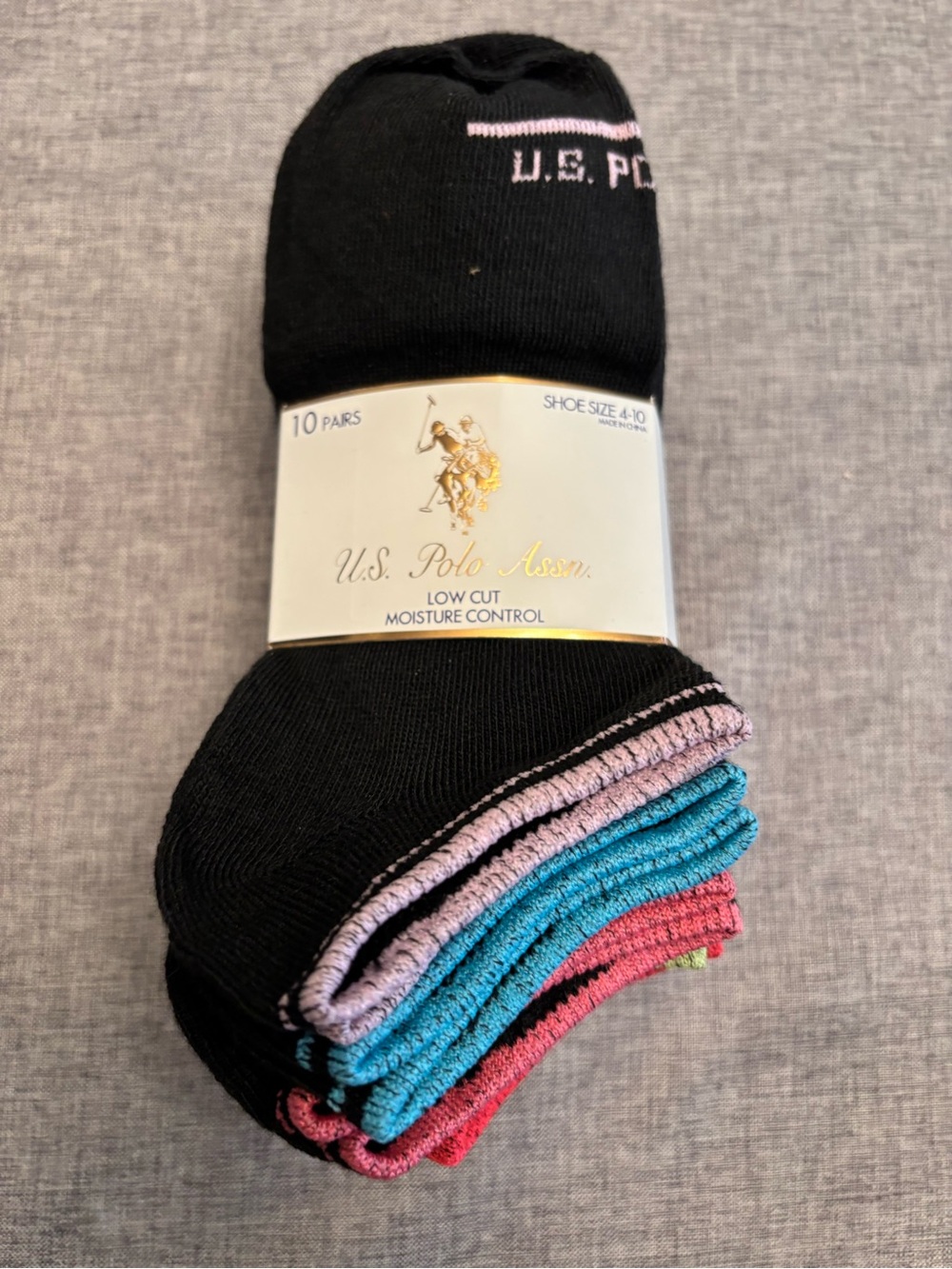 U.S. Polo Assn. Low Cut Socks 10pk Black with Pink, Teal, Red Accents Size 4-10